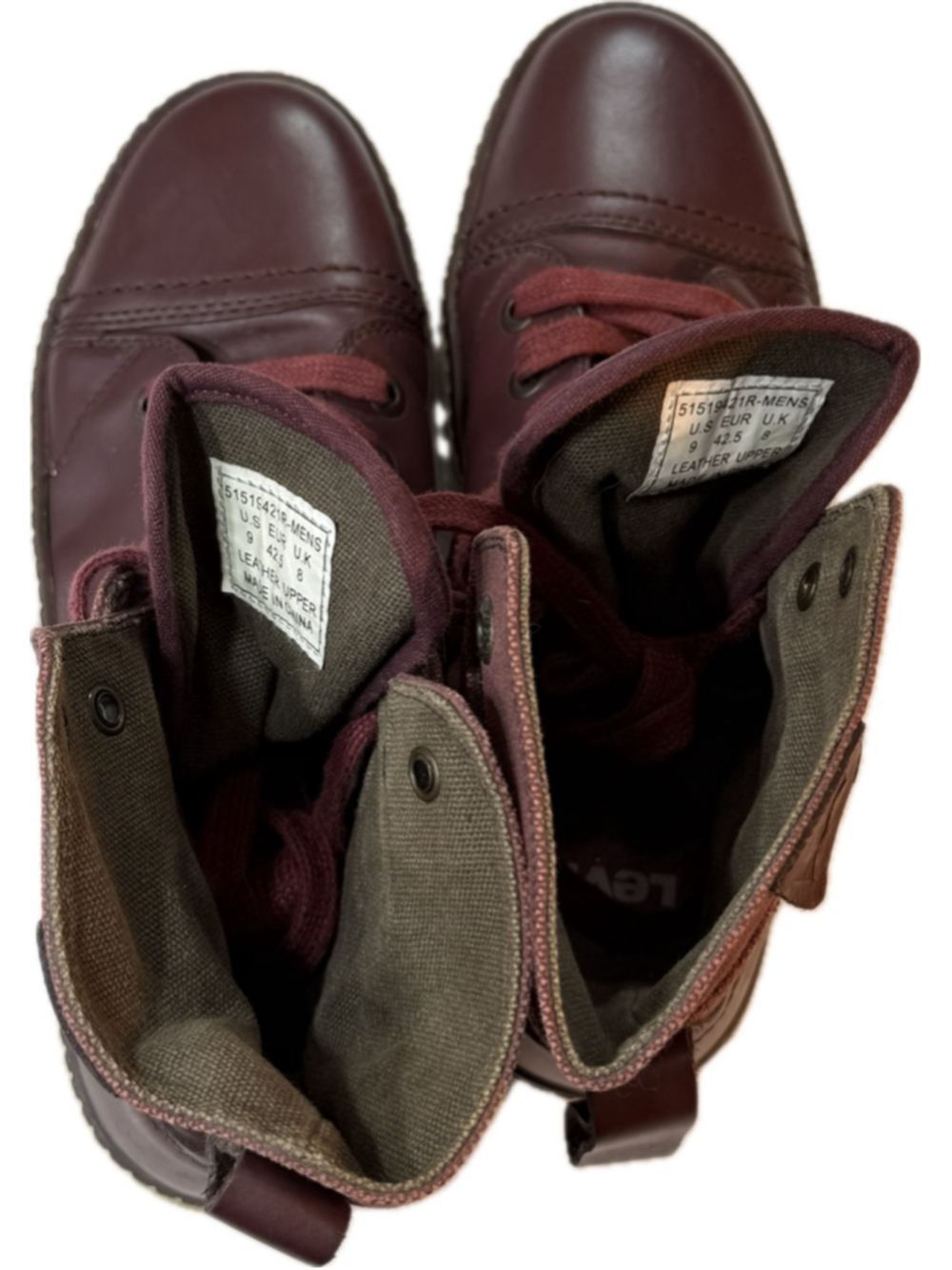 Levis Mens Burgundy Leather Canvas High Top Boots Lace Up Side Zip Casual Sneake - Picture 8 of 8